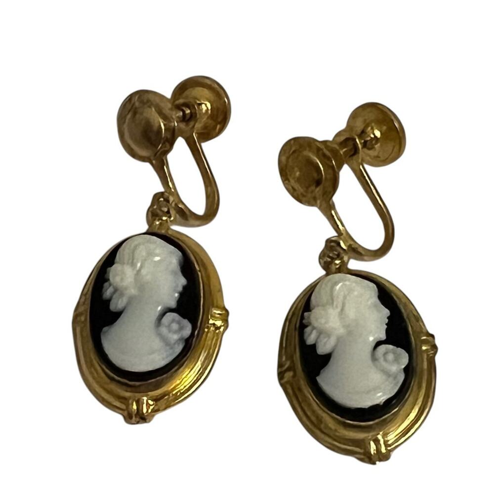 Vintage Faux Cameo Screw Back Dangle Earrings Gold Tone Victorian Revival